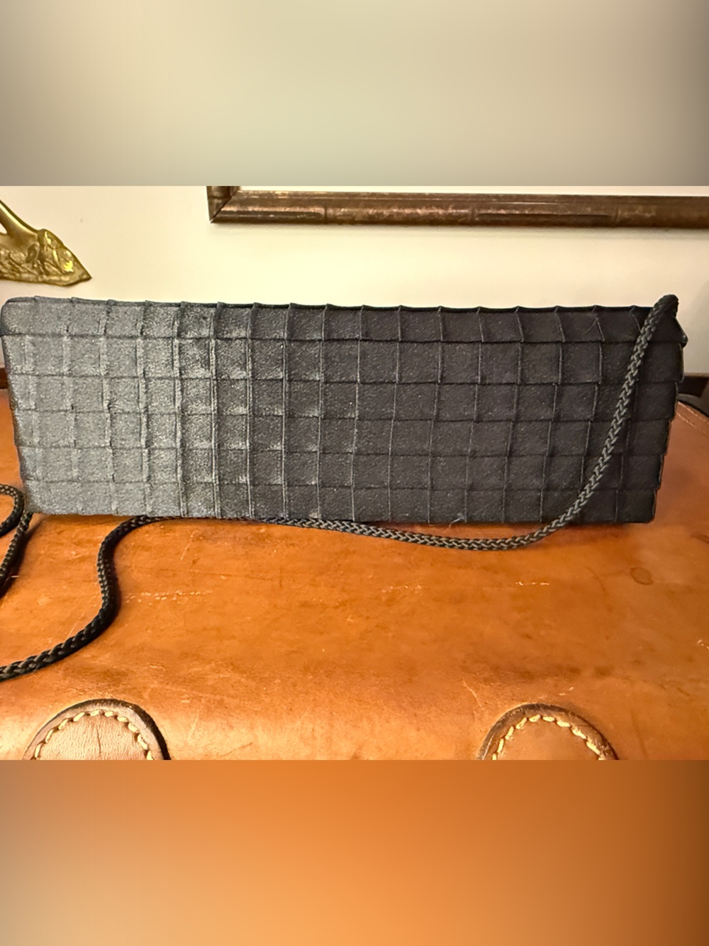 Black satin clutch  -with strap